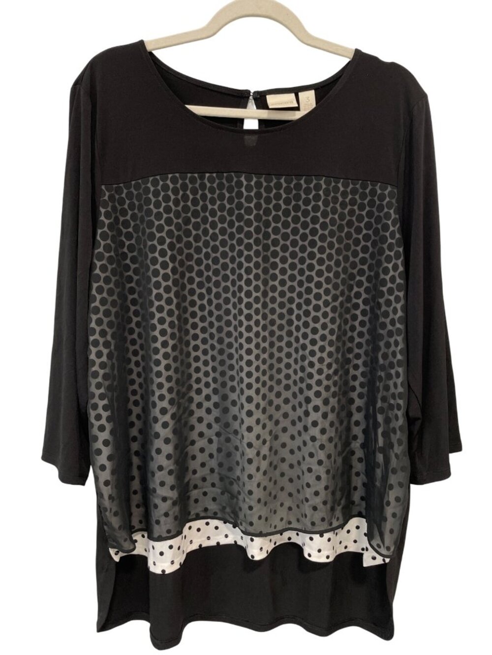 Chicos Top Large Knit Kit Gradual Dot 3/4 Sleeve Pattern Black White Chic NEW